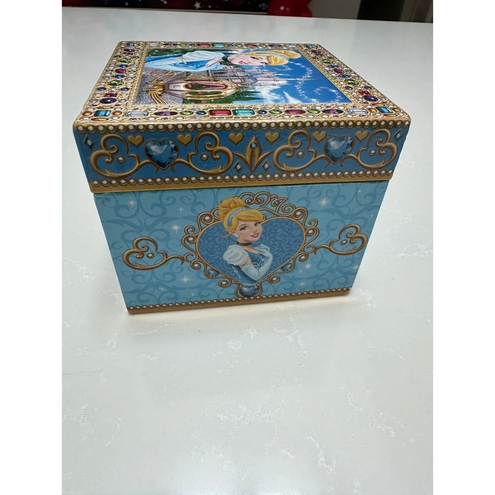 Disney Cinderella Musical Jewelry Box Blue Gold Wind Up Rotating Figurine Mirror